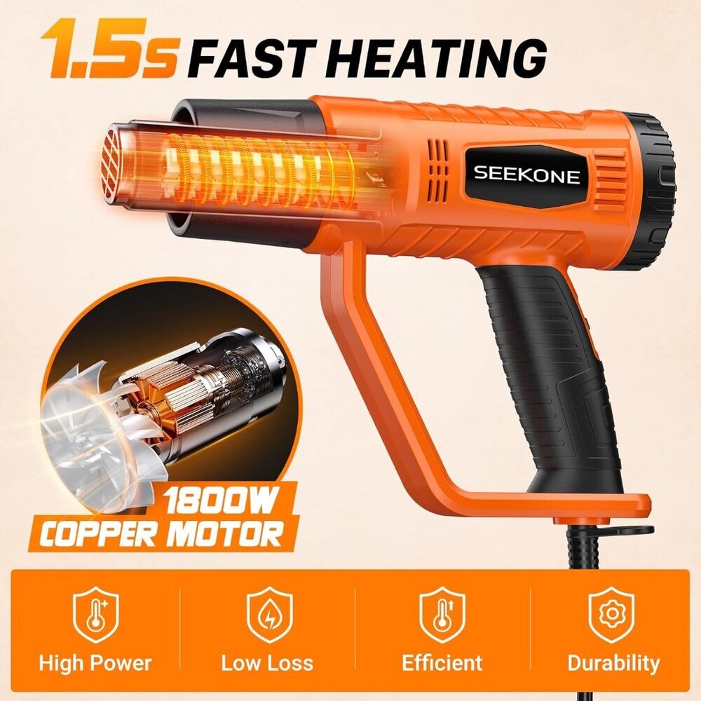 Heat Gun 1800W Heavy Duty Fast Heat Hot Air Gun Kit with 752℉&1112℉（400℃-600℃） D - Picture 2 of 8